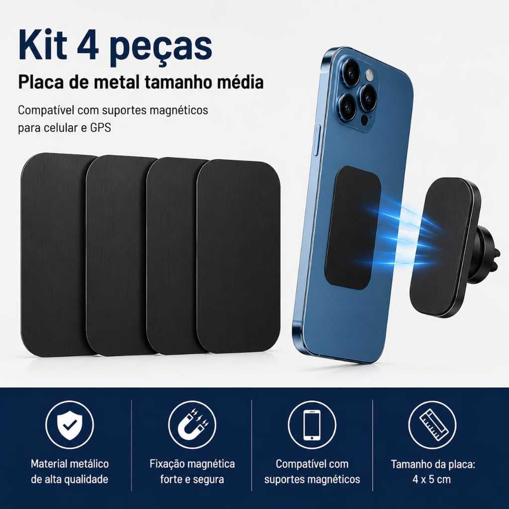 4 Placa Retângular De Metal Para Suporte Magnético Celular Preto