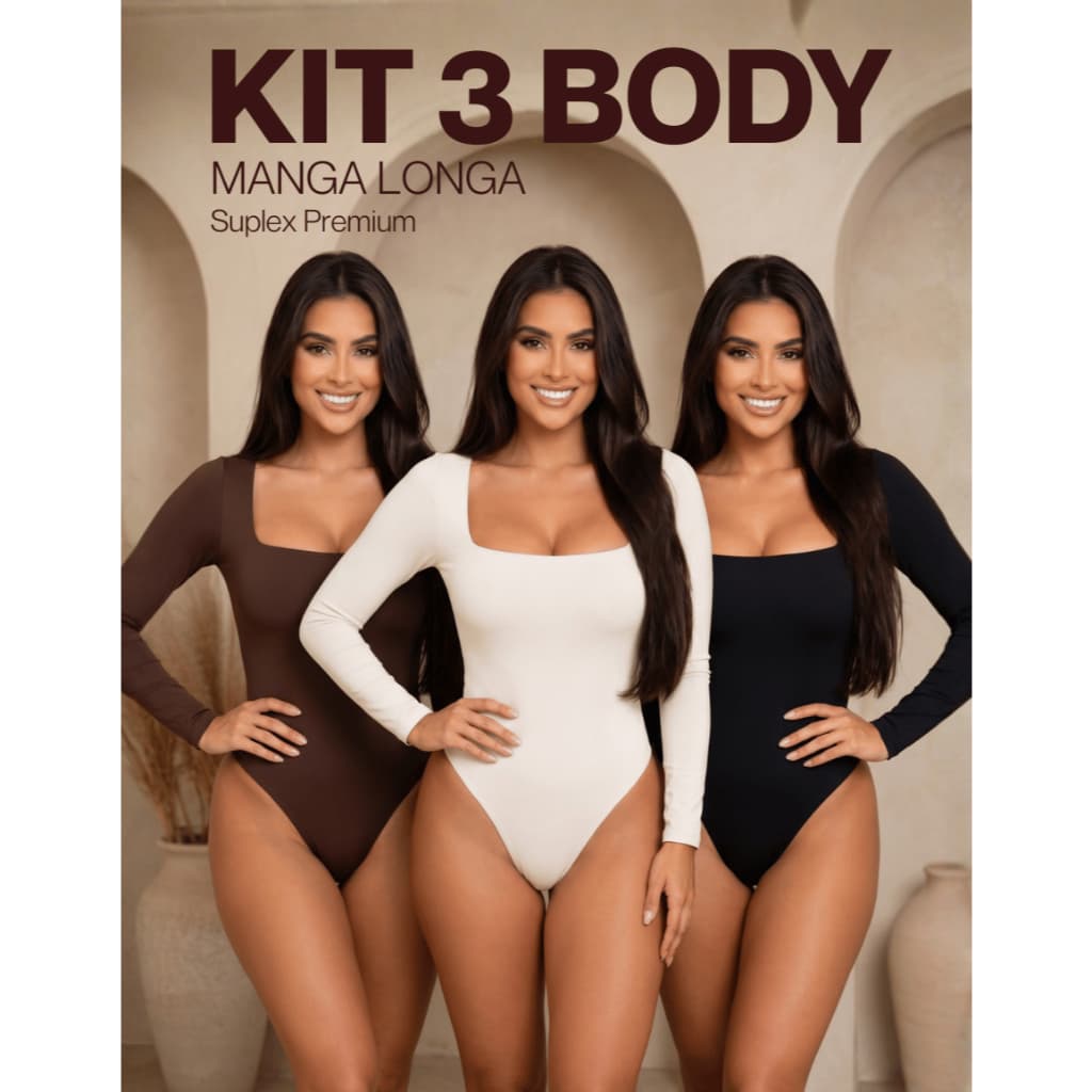 Kit 3 Body Feminino Manga Longa Bory Decote Quadrado Segunda Pele Justo e Confortável
