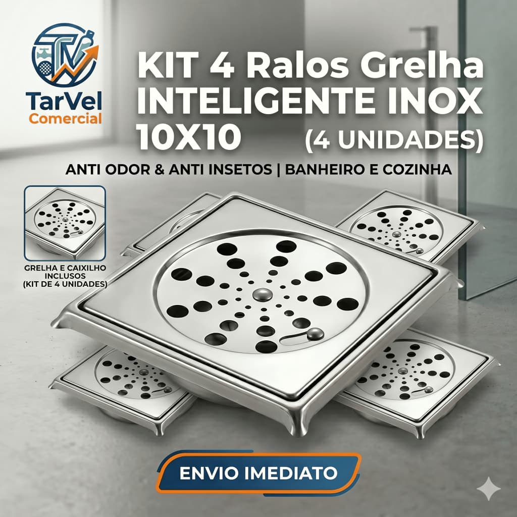 Kit 4 Ralo Grelha Inox 10x10 Quadrado com Caixilho Banheiro Lavanderia Piso