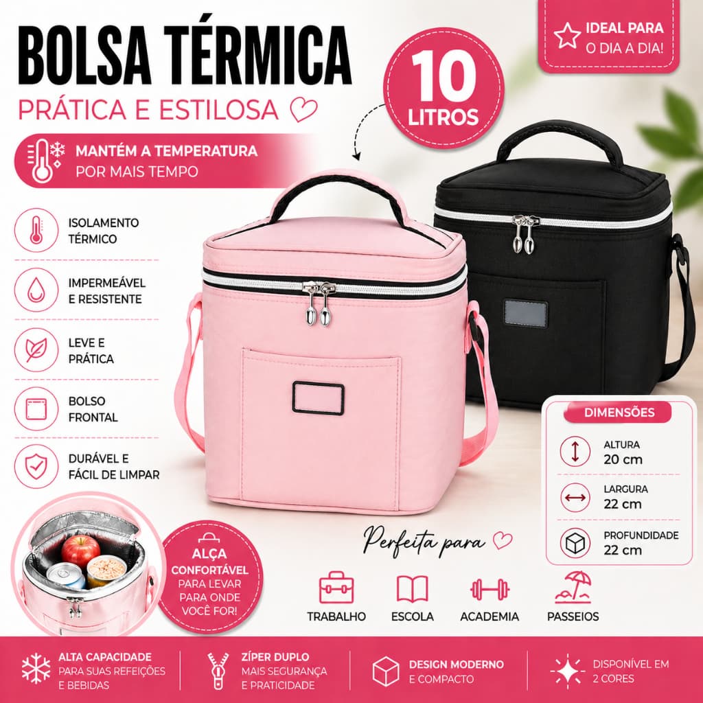 Bolsa Térmica Marmita Fitness 10L Lancheira Térmica Portátil Impermeável Trabalho Escola