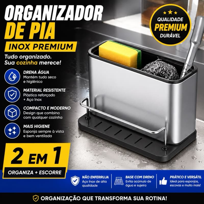 Organizador de Pia Inox Porta Esponja Detergente Escorredor Cozinha Compacto Luxo