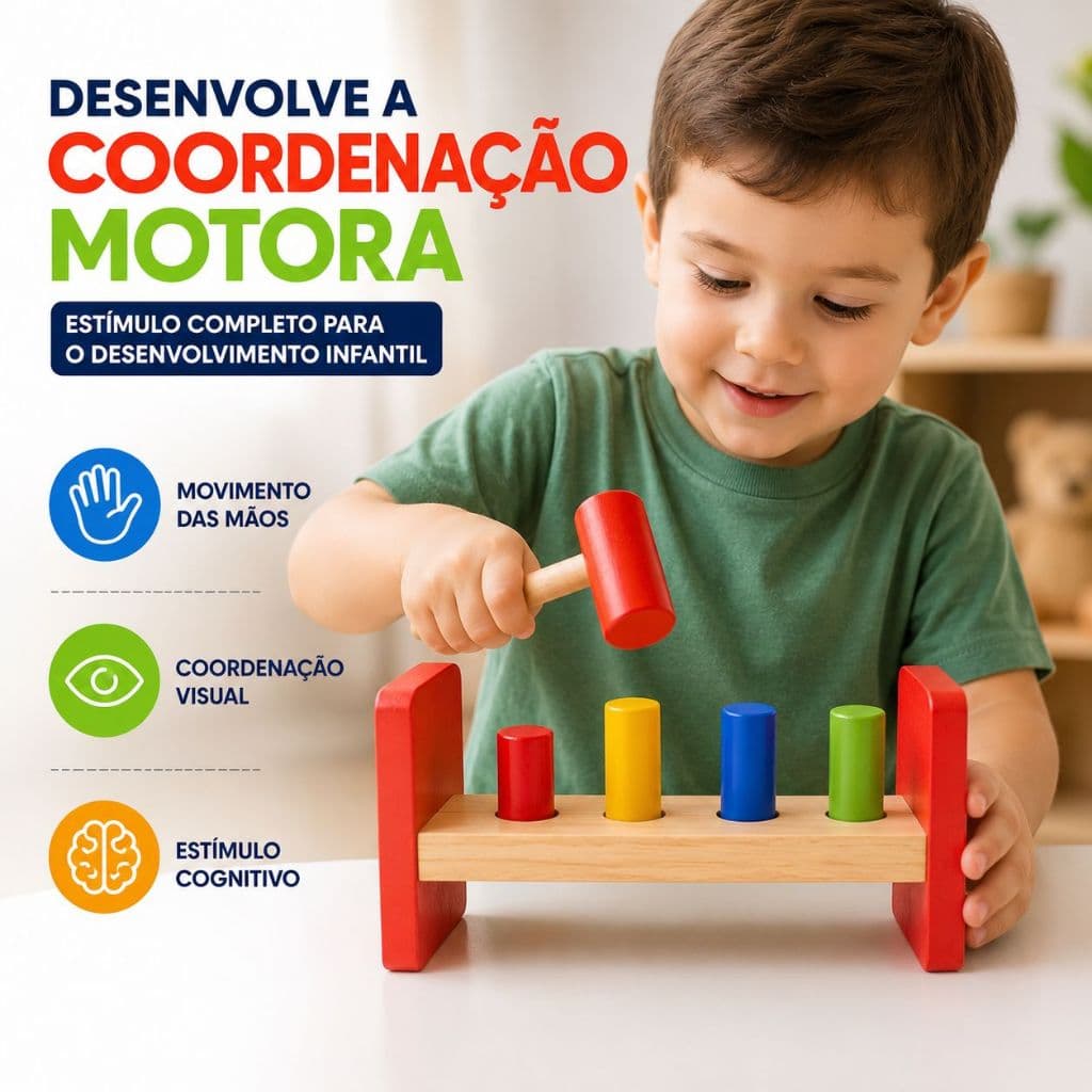 Brinquedo Educativo Bate Pinos com Martelo e Pinos Coloridos