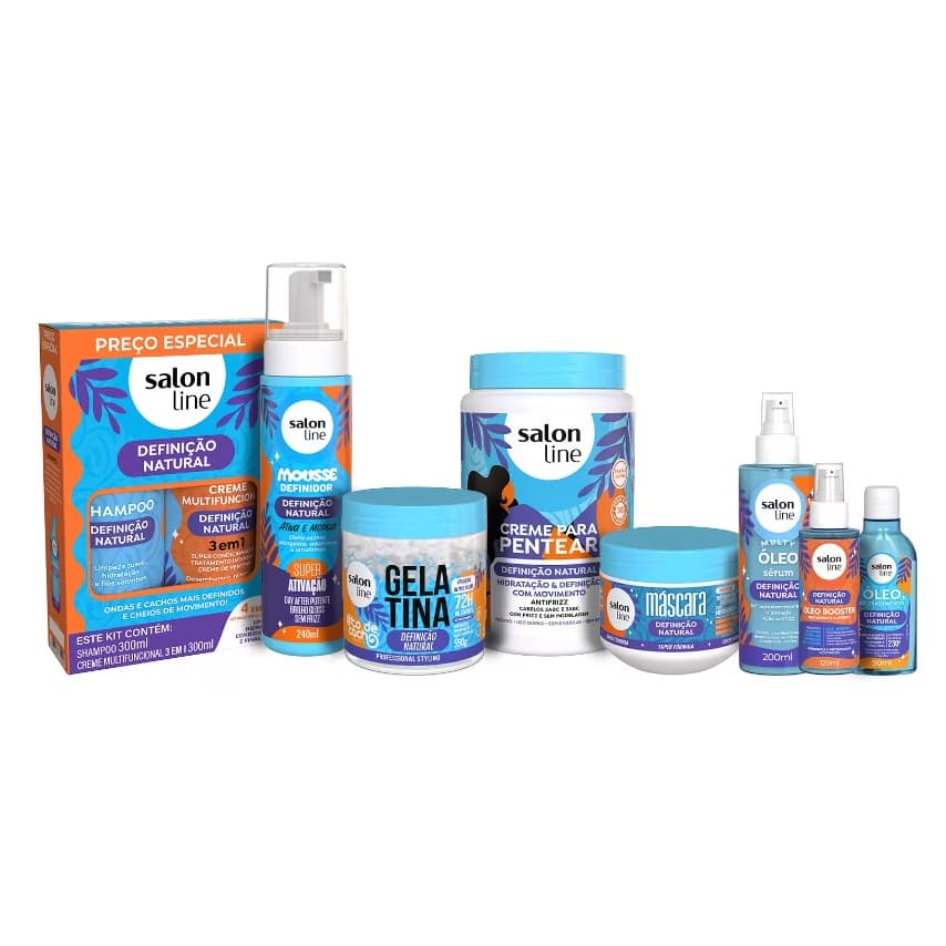 Kit Salon Line Definição Natural Cachos Shampoo Creme Gelatina Óleo Máscara
