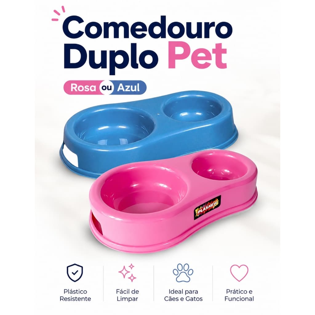 Comedouro e Bebedouro Duplo para Pet Cães e Gatos Pequenos e Médios Agua e Ração Cores Azul ou Rosa Material Reforçado