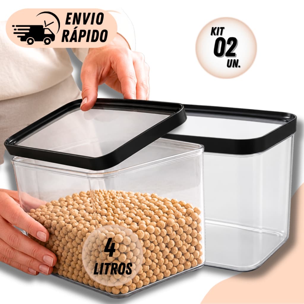 Kit 2 Potes Herméticos Super Resistente Cozinha 4 Litros Resistente Porta Mantimentos Para Grãos Arroz Feijão Ração