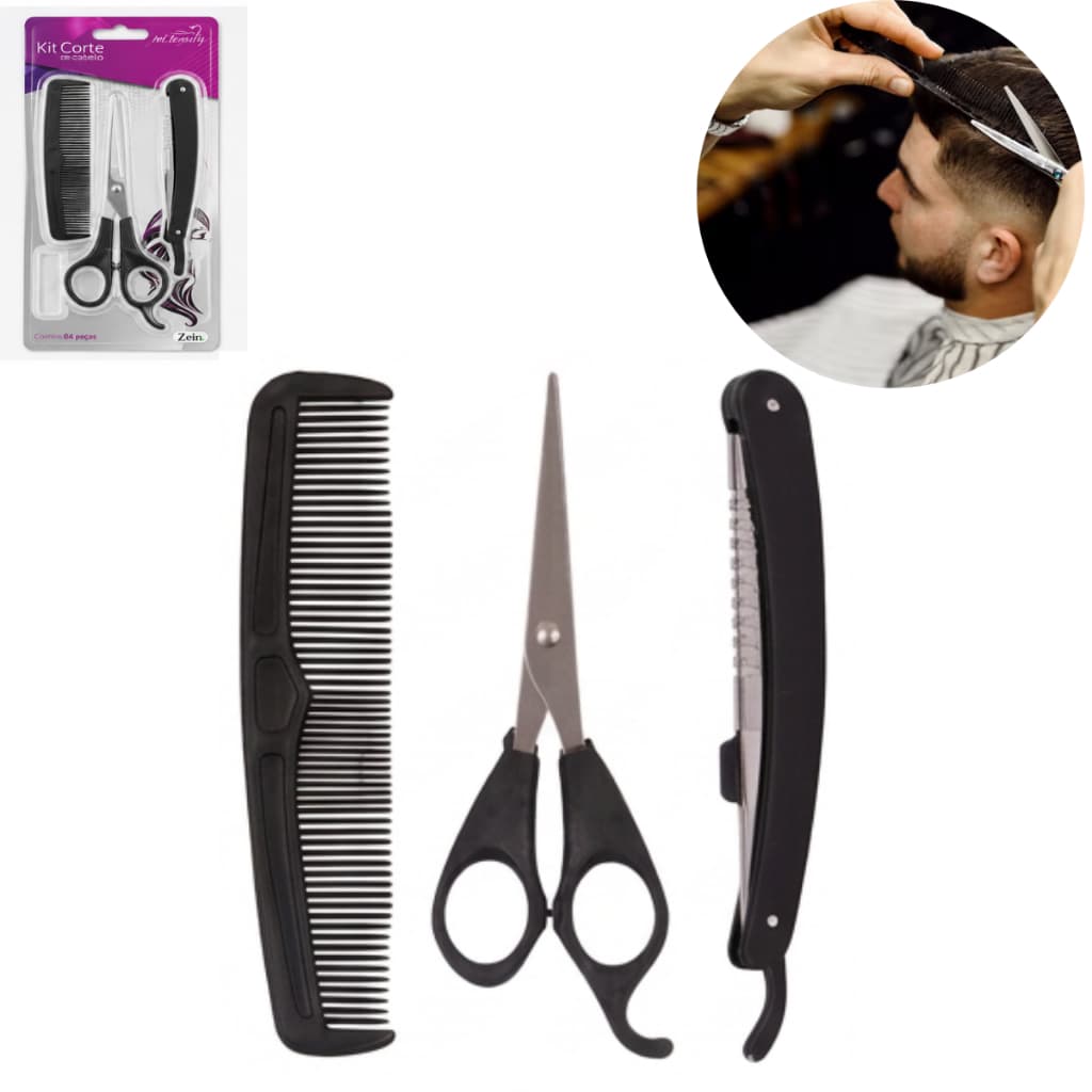 Kit Barbeiro Corte de Cabelo Profissional 4 Peças Tesoura Navalha e Pente