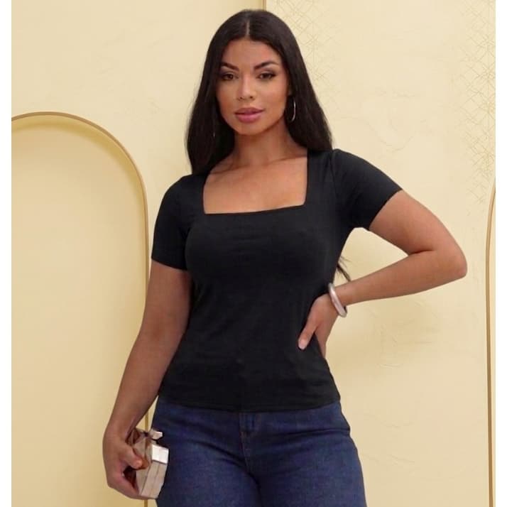 Blusa Feminina Manga Curta Decote Cuadrado Suplex Casual Blogueira Verao - Baby look