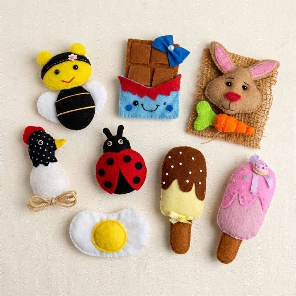 Kit Ímãs de Geladeira Artesanais Feltro Handmade Joaninha Abelha Picolé Coelho e Chocolate