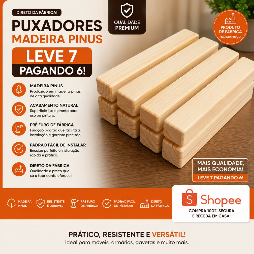Leve 7 Pagando 6! Puxadores Madeira Pinus 180mm | Furo 128mm | Direto da Fábrica