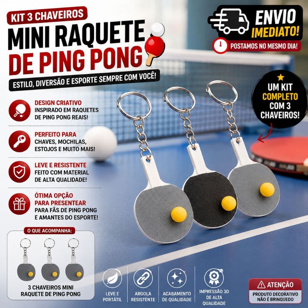 Kit 3 Chaveiros Mini Raquete de Ping Pong, Acessório Criativo Tênis de Mesa