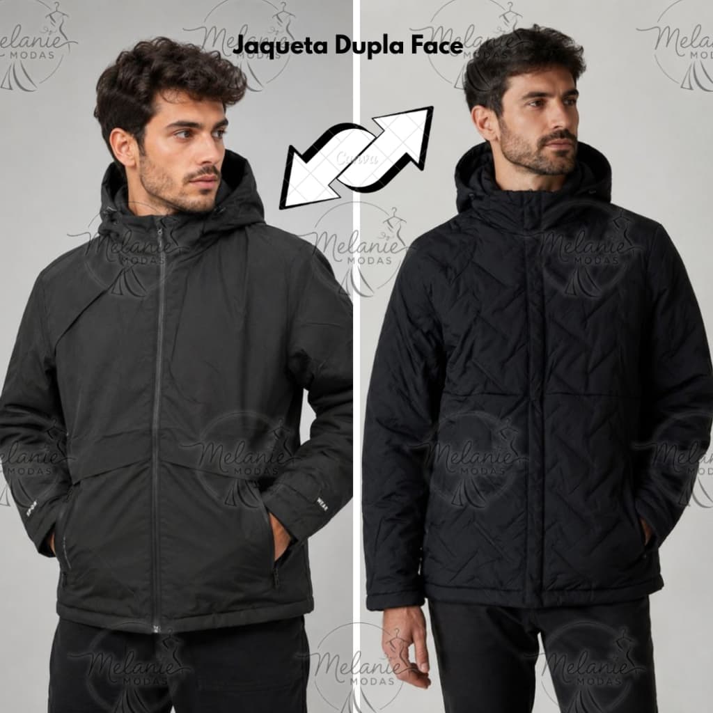 Jaqueta Masculina Dupla Face 2 em 1 Acolchoada Nylon Gola Alta Capuz Removível
