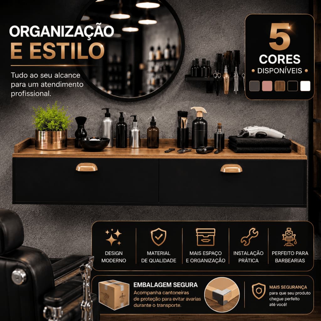 Bancada de Barbearia Suspensa Urban Barber Shop Moderna Profissional 1 Porta 90CM 2 Porta 120CM