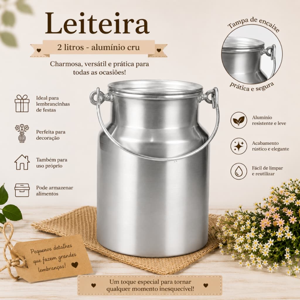 Latão De Leite Alumínio Fosco 2 Litros (leiteira fazenda)