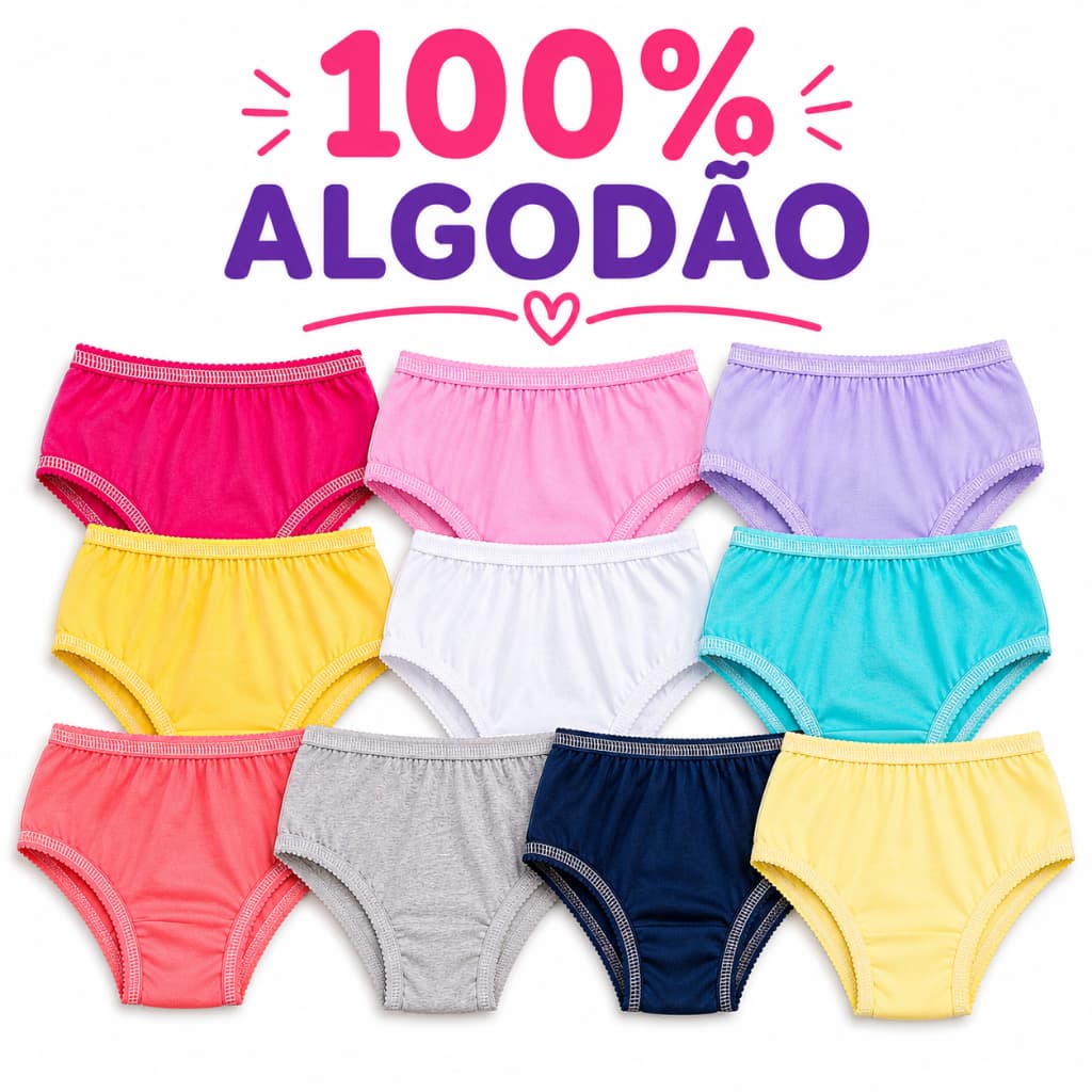 Kit de 10 ou 20 Calcinha infantil diversas cores lisas 100% algodão com forro para meninas
