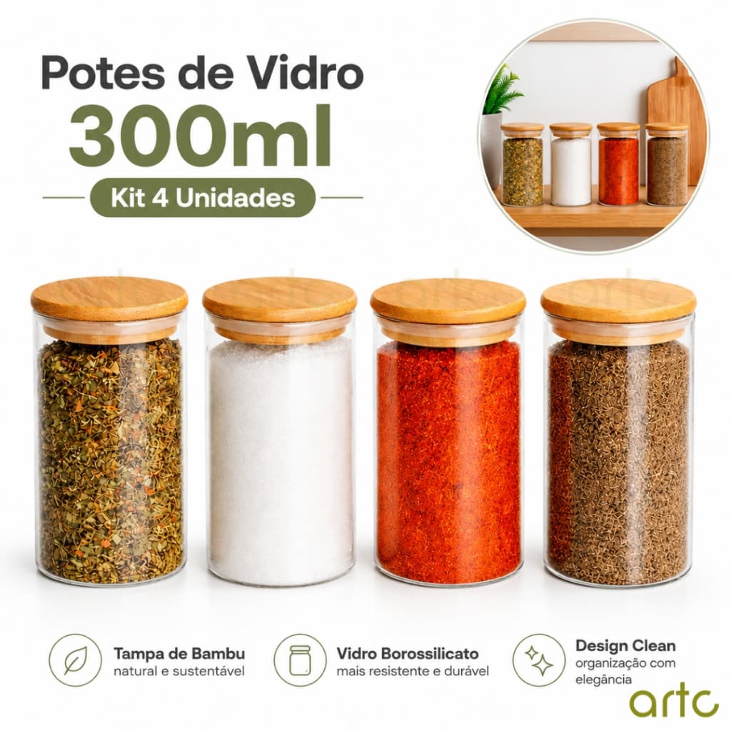 Kit 4 ou 8 Potes De Vidro 300 ml para Mantimentos Tempero com Tampa Bambu Pequeno