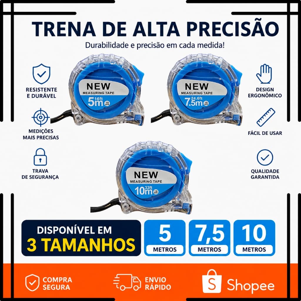 Trena Fita Métrica 5/7,5/10 Metros Profissional com Trava - Alta Precisão