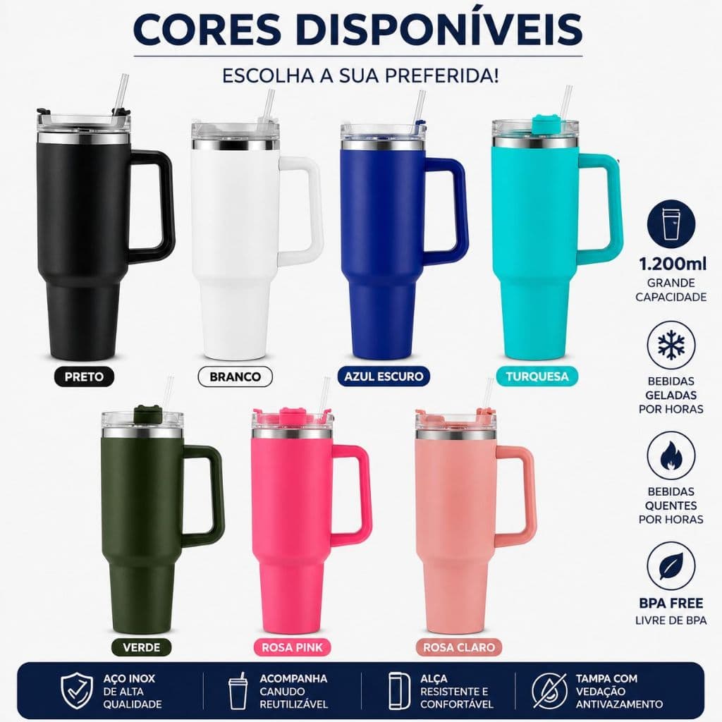 Garrafa Térmica Inox Portátil 1200ml Celebridade | Tampa Antizamento Bebida Gelada Temperatura ideal