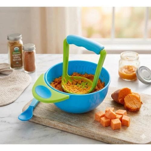 AMASSADOR DE PAPINHA BEBÊ COM TIGELA KIT ALIMENTAÇÃO INFANTIL MANUAL AMASSADOR DE FRUTAS LEGUMES E PAPINHAS BPA FREE