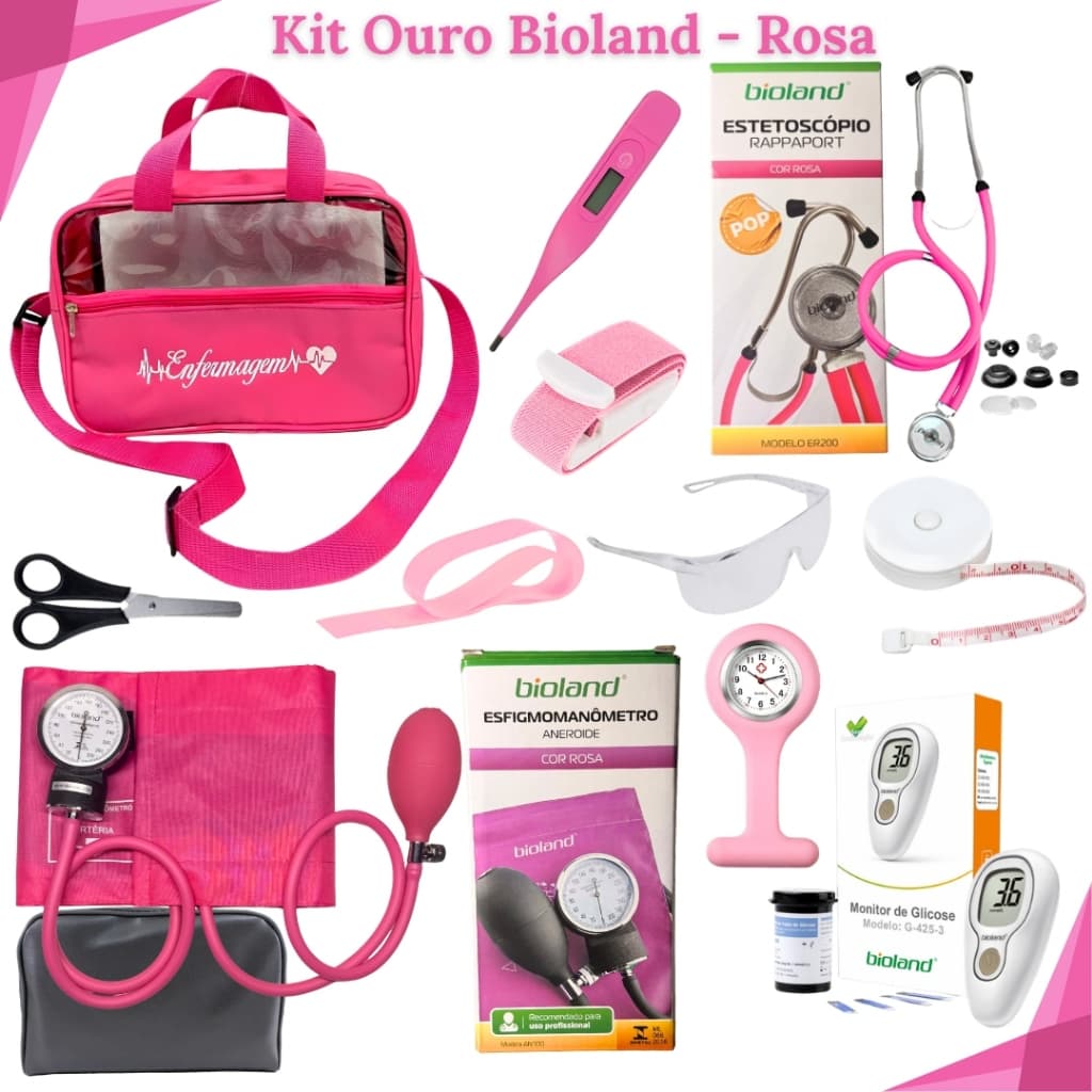 Kit Ouro Completo de Enfermagem Material de Bolso com 12 itens com Kit de Glicose, Relógio de Lapela e Garrote de Trava