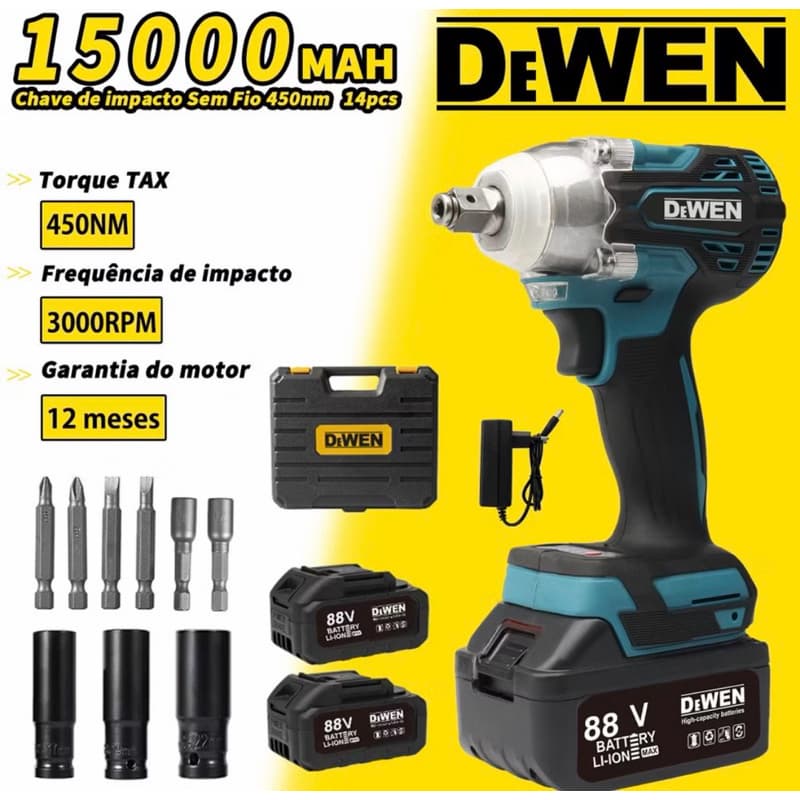 Parafusadeira de Impacto Brushless 88V Sem Fio com 2 Baterias e Kit Completo 14 Peças