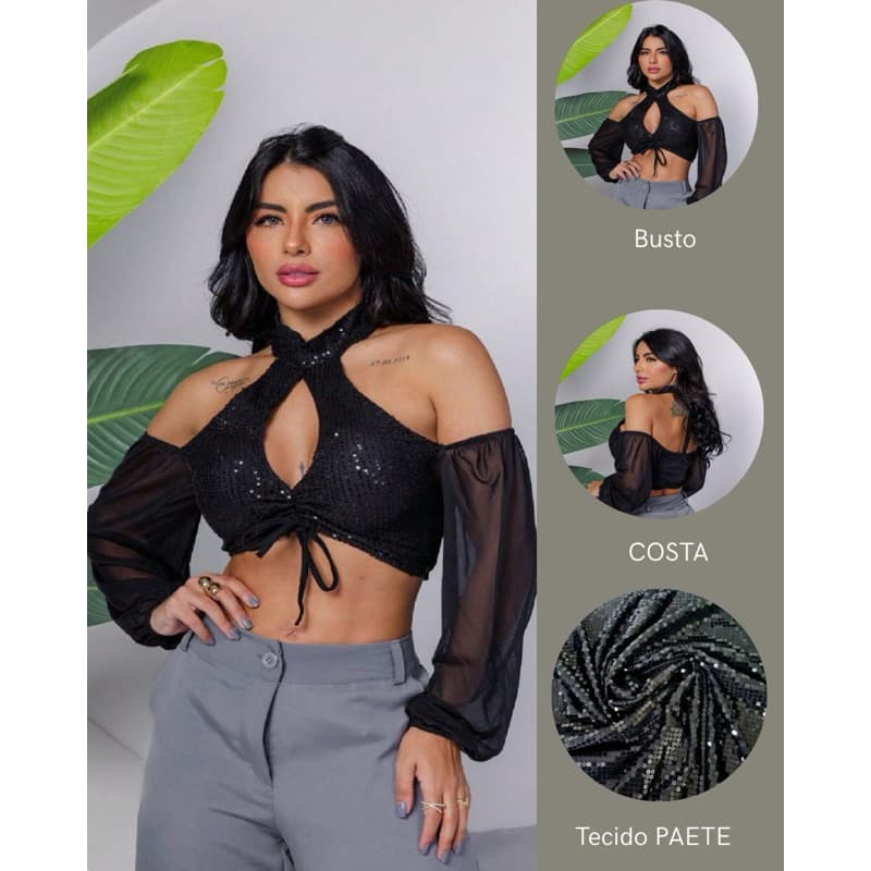 Cropped Balada Moda Gringa Paetê Brilho Moda Blogueira Moda Festas