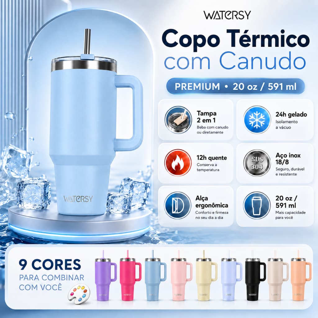 Watersy Copo Térmico 20oz/591ml Inox 304 Com Canudo Antivazamento Copo Garrafa Térmico Isolamento