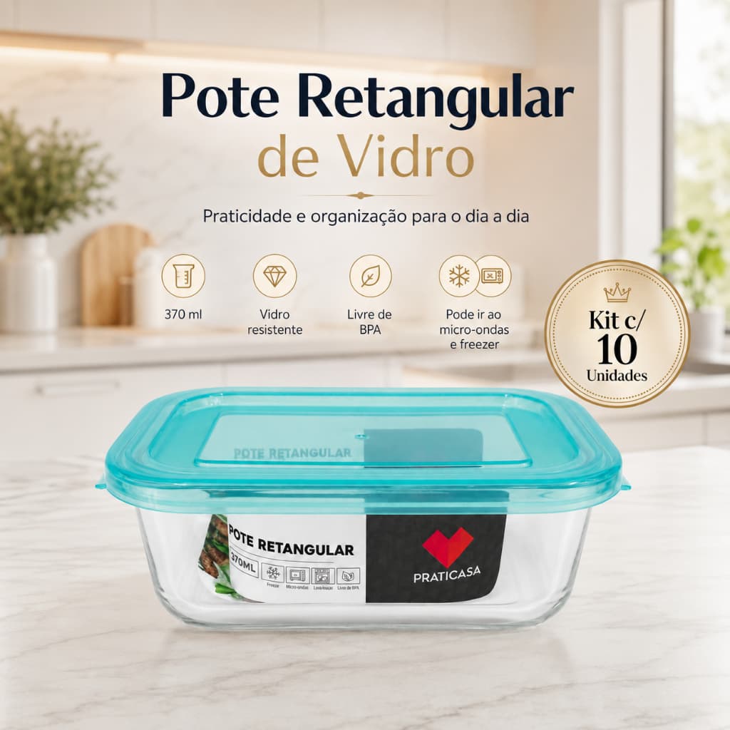 Kit Jogo 10 Potes De Vidro Retangular 370ml Praticasa Freezer E Micro-ondas Envio Imediato