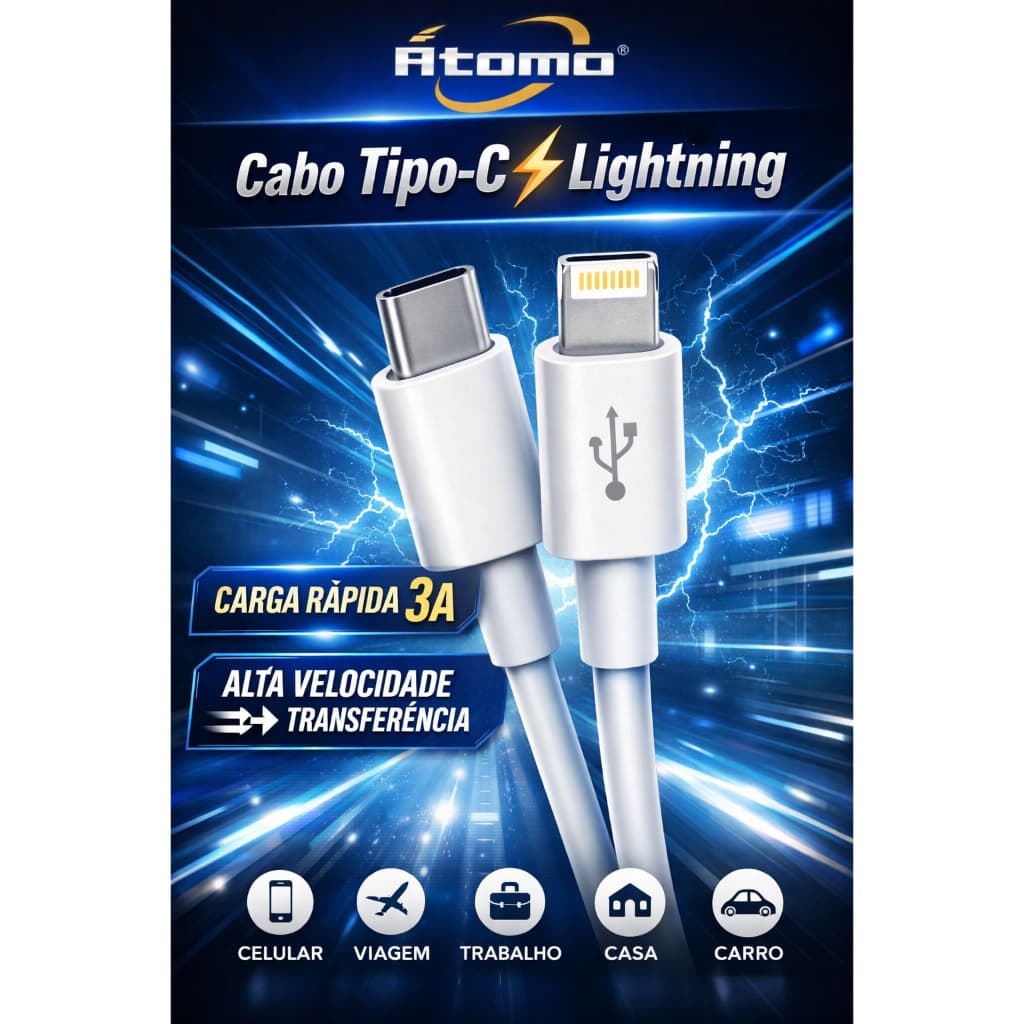 Cabo iPhone Turbo 3A Carregamento Rápido Tipo C Lightning 1,5m Reforçado