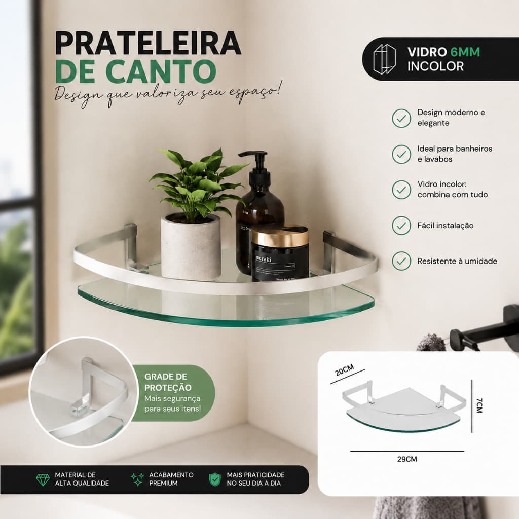 Prateleira De Canto Para Banheiro Em Vidro 6mm Premium Alumínio