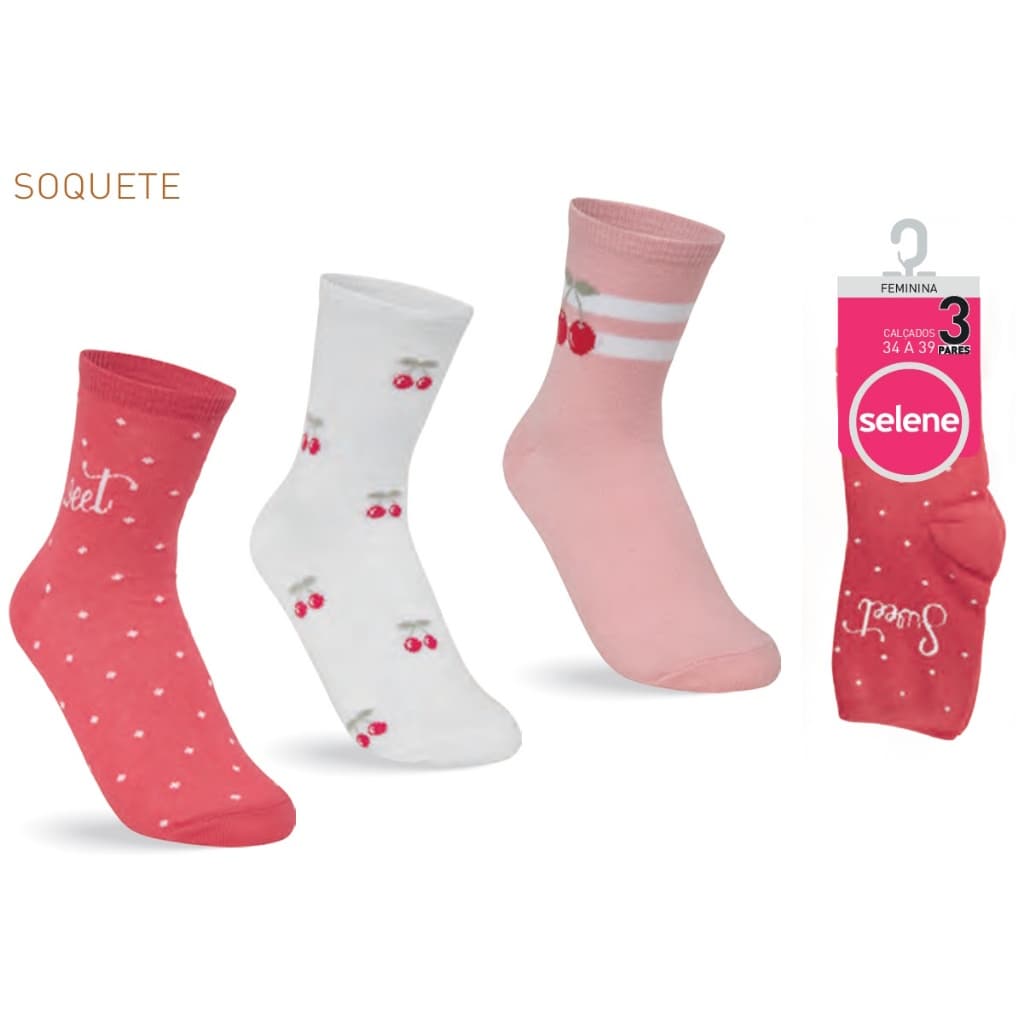 Kit 3 Pares Meia Selene Soquete 7451 Coração Cereja Melancia Linda Algodão