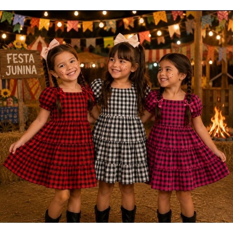 Vestido Infantil Xadrez Vestidinho Moda Blogueirinha Vestido Festa Junina Menina Rosa Pink Xadrez Arraia
