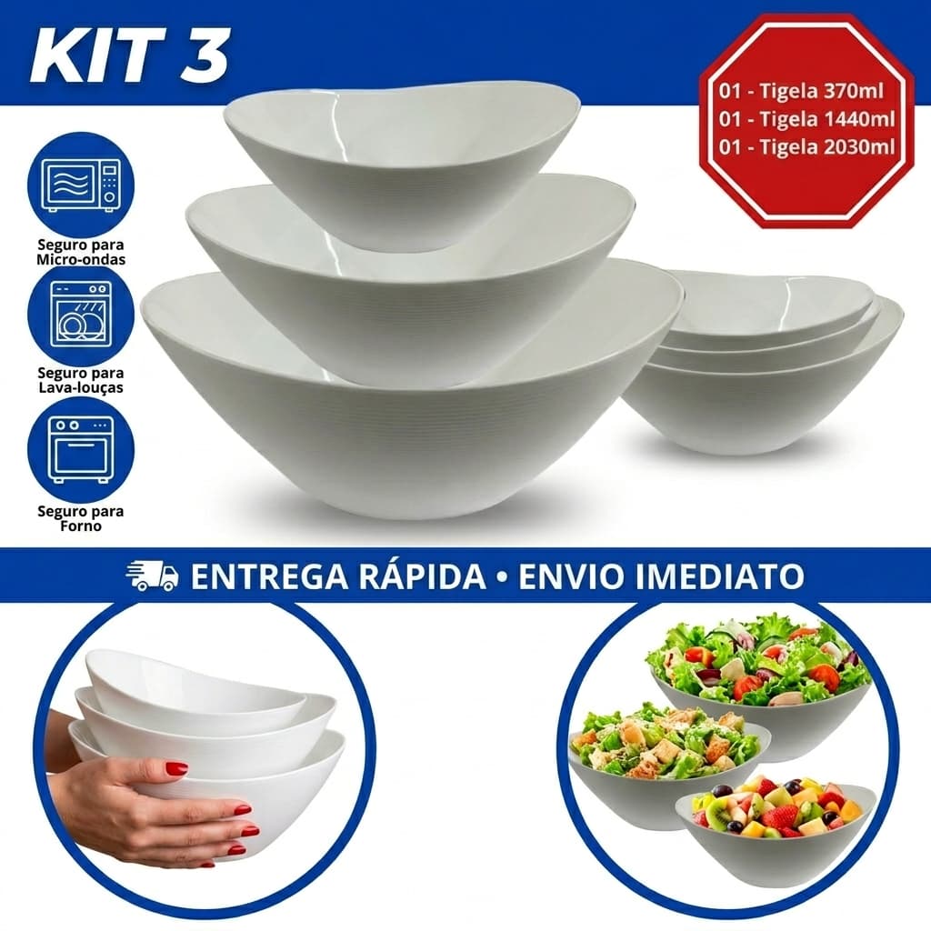 Kit Jogo de tigelas 3 peças Travessas Oval em Vidro Temperado opaline kit tigela Branca