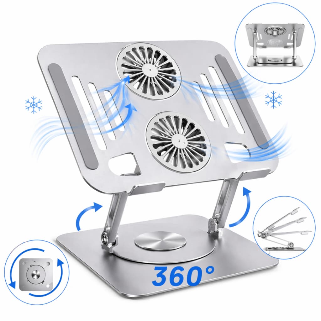Suporte Ajustável Para Notebook Articulado 360° Com 2 Ventiladores Clickstock Em Alumínio Base Giratório Cooler