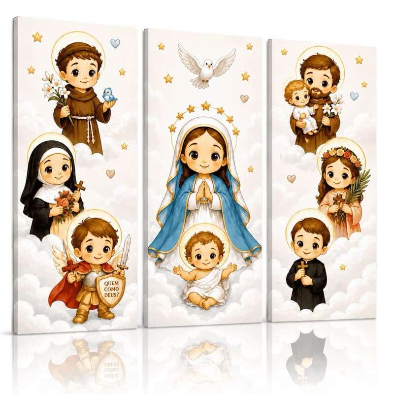 Quadro Decorativo 3 Peças Santos Católicos Infantil para Quarto, Catequese e Espaço Religioso