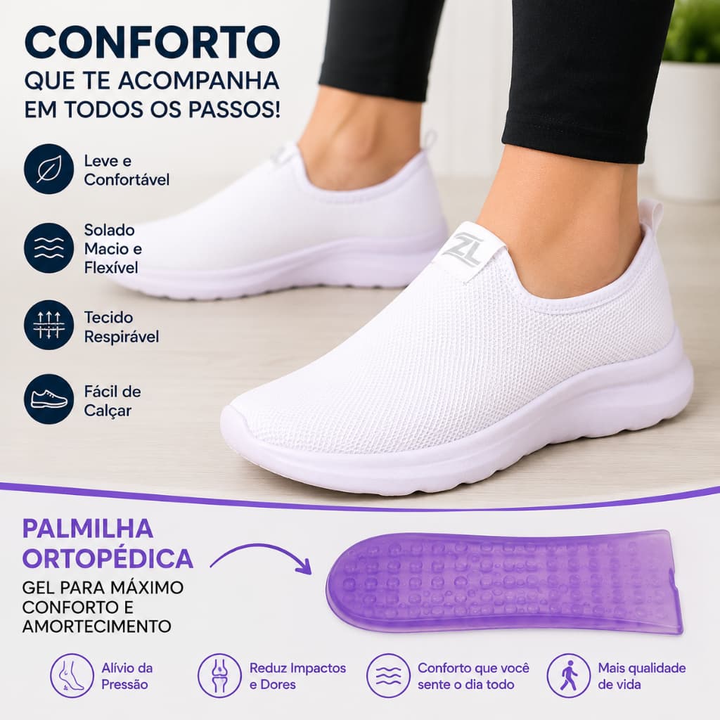 Tênis Sapatilha Feminina Calce Fácil Ortopédica