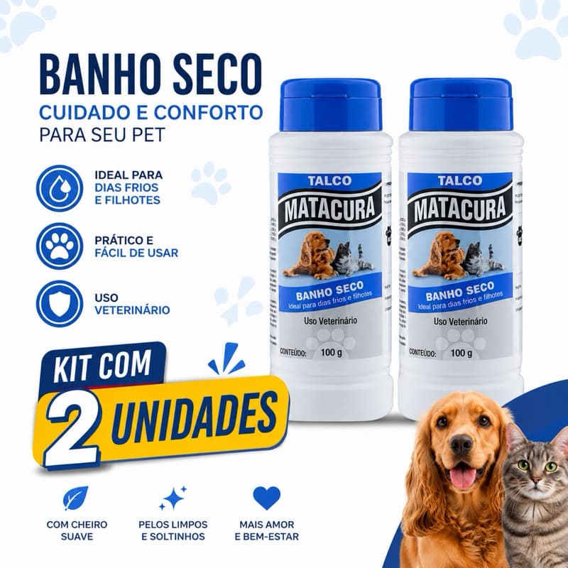 Kit C/2 Talco Banho Seco Matacura para cães e gatos e até filhotes 100g