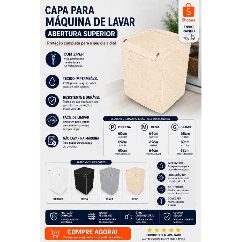 Capa Para Máquina de Lavar Abertura Superior com Zíper P, M,G– Tecido Resistente e Impermeável
