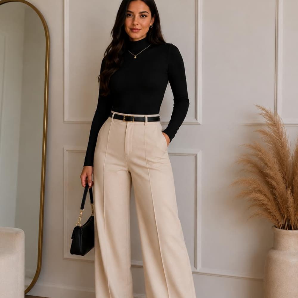 Conjunto Social Calça Alfaiataria Com Cinto De Brinde + Manga Longa Gola Alta Moda Inverno