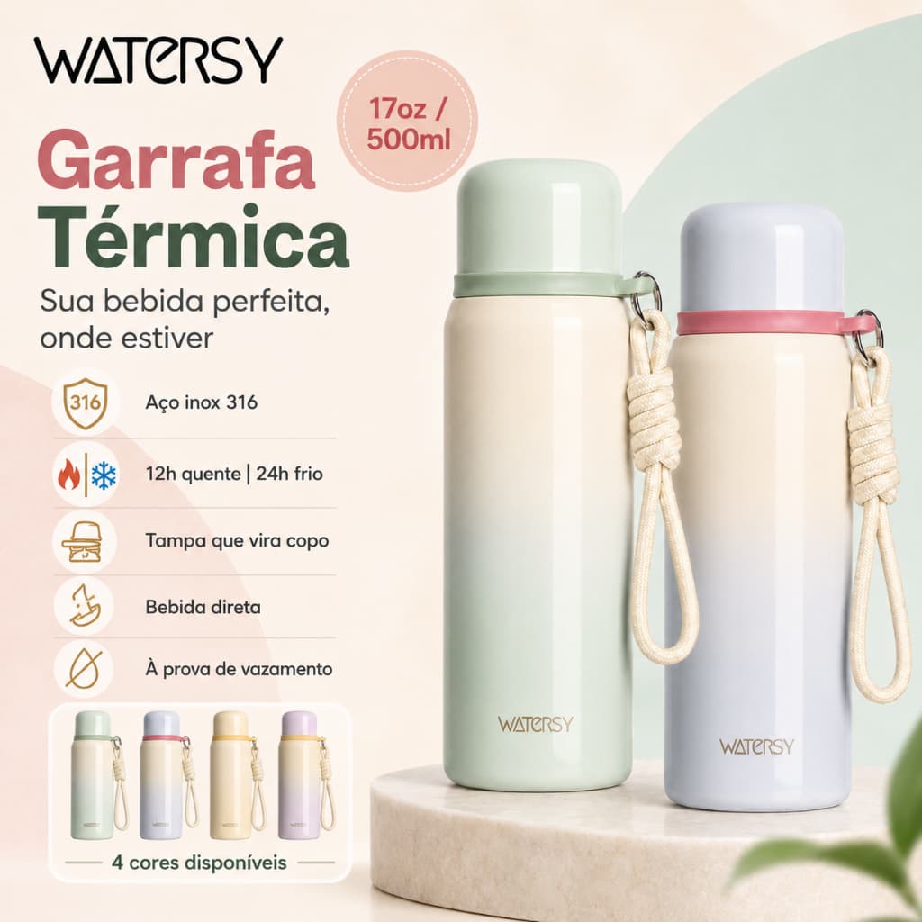 Watersy Garrafa Térmica 500ml Inox 304 Quente/Frio com Alça - Ideal para Esportes e Escola