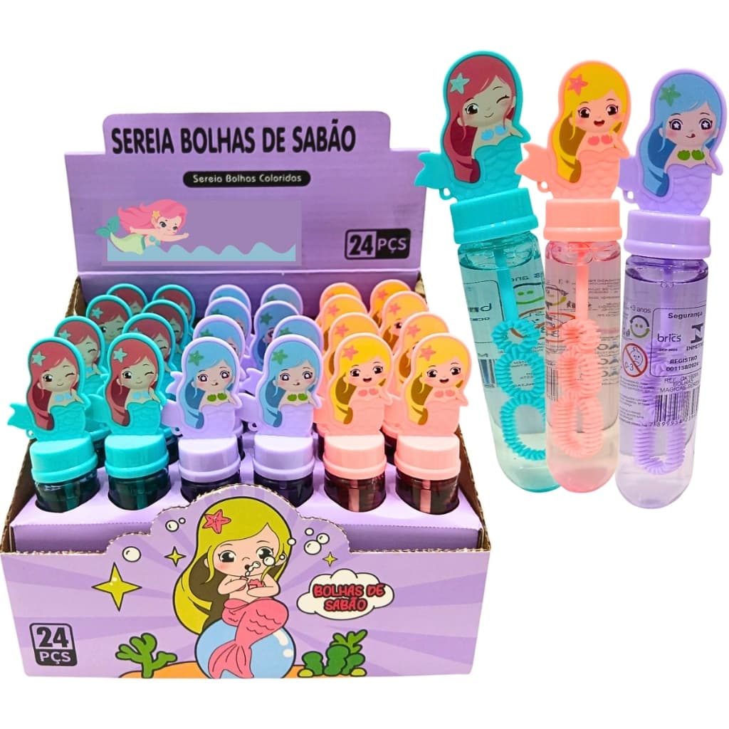 Kit24 Bolha de Sabão Bolinha de Sabão Sereia Brinquedo Lembrancinha Festa Aniversario Prenda Atacado