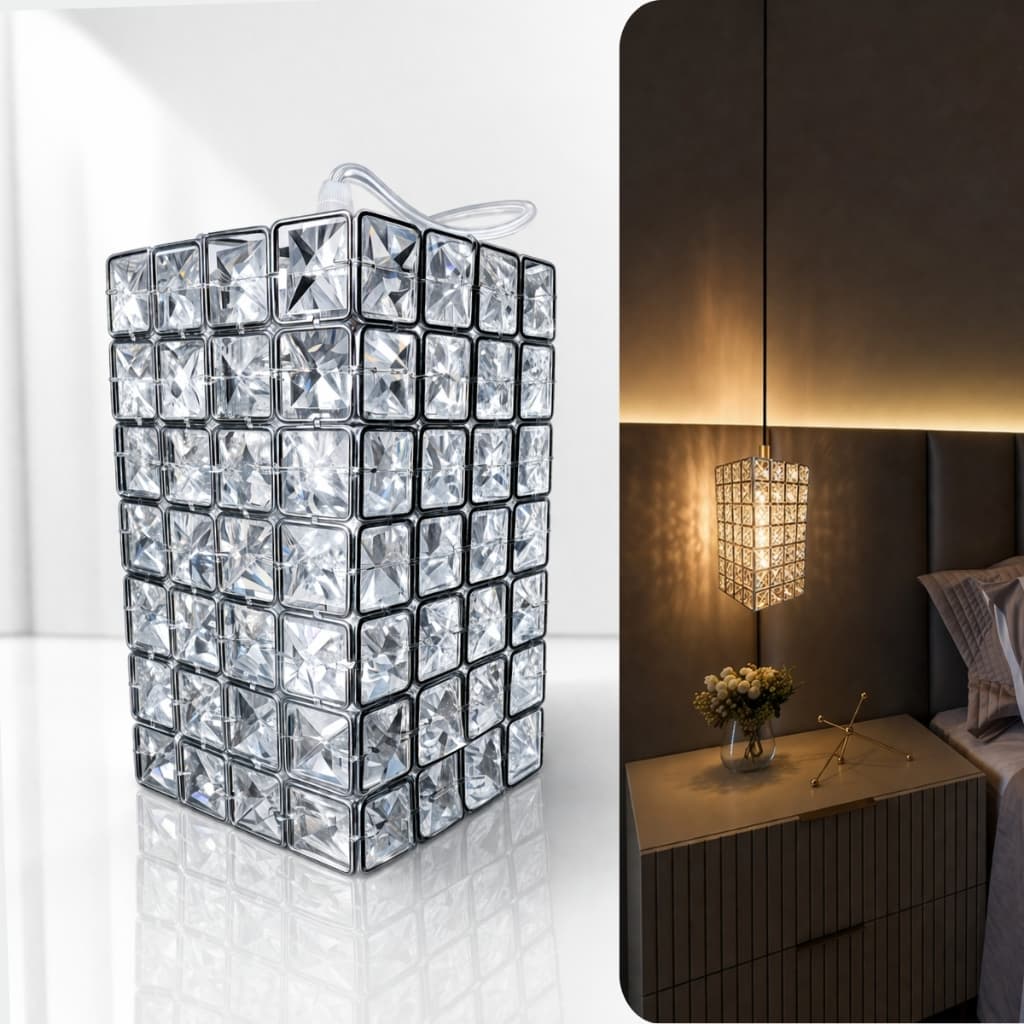Lustre Pendente Cristal Quadrado Prata Moderno Luminaria Teto Decorativa Cabeceira Sala Quarto Cozinha Bancada Bivolt