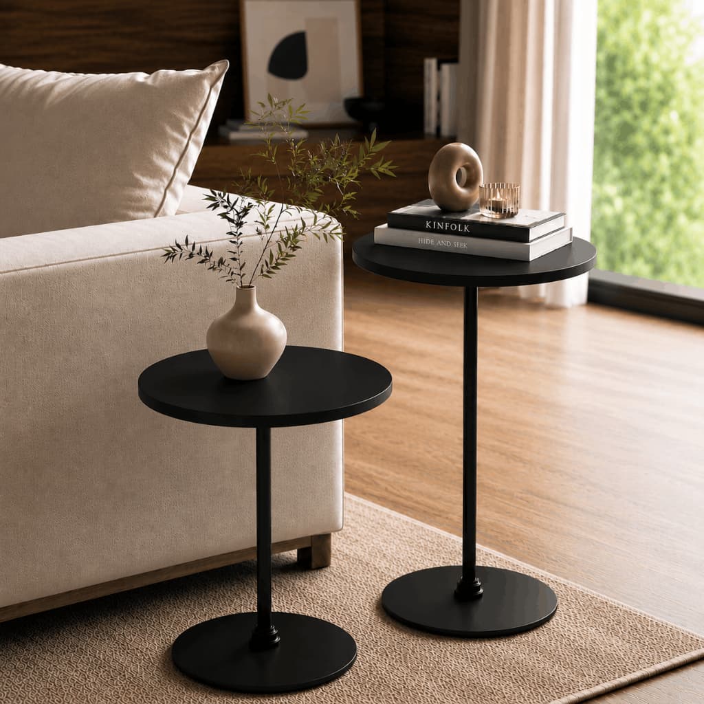 Conjunto Mesa Redonda Kit 2 Mesinhas Estilo Industrial Sala Canto Decoração Minimalista Apoio Sofá