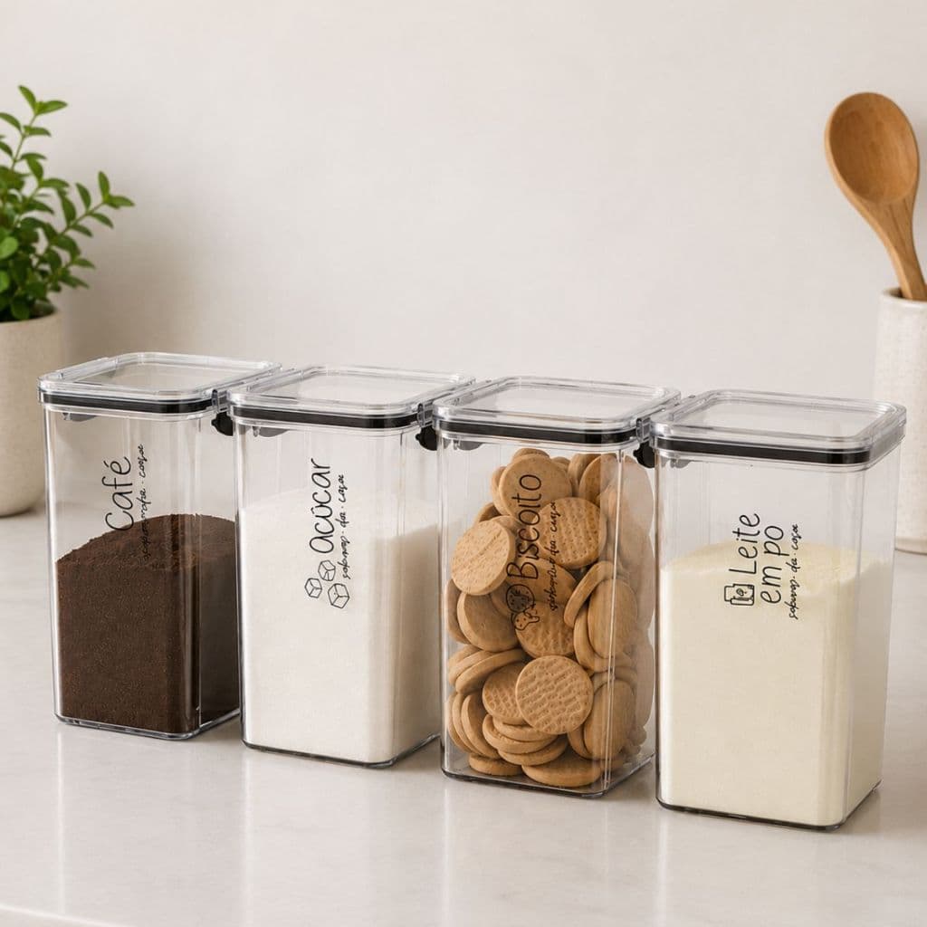 4 Potes Herméticos 1450 ml Café Açúcar Leite em Pó Biscoito | Porta Mantimentos Acrílico Empilháveis Cozinha Dispensa