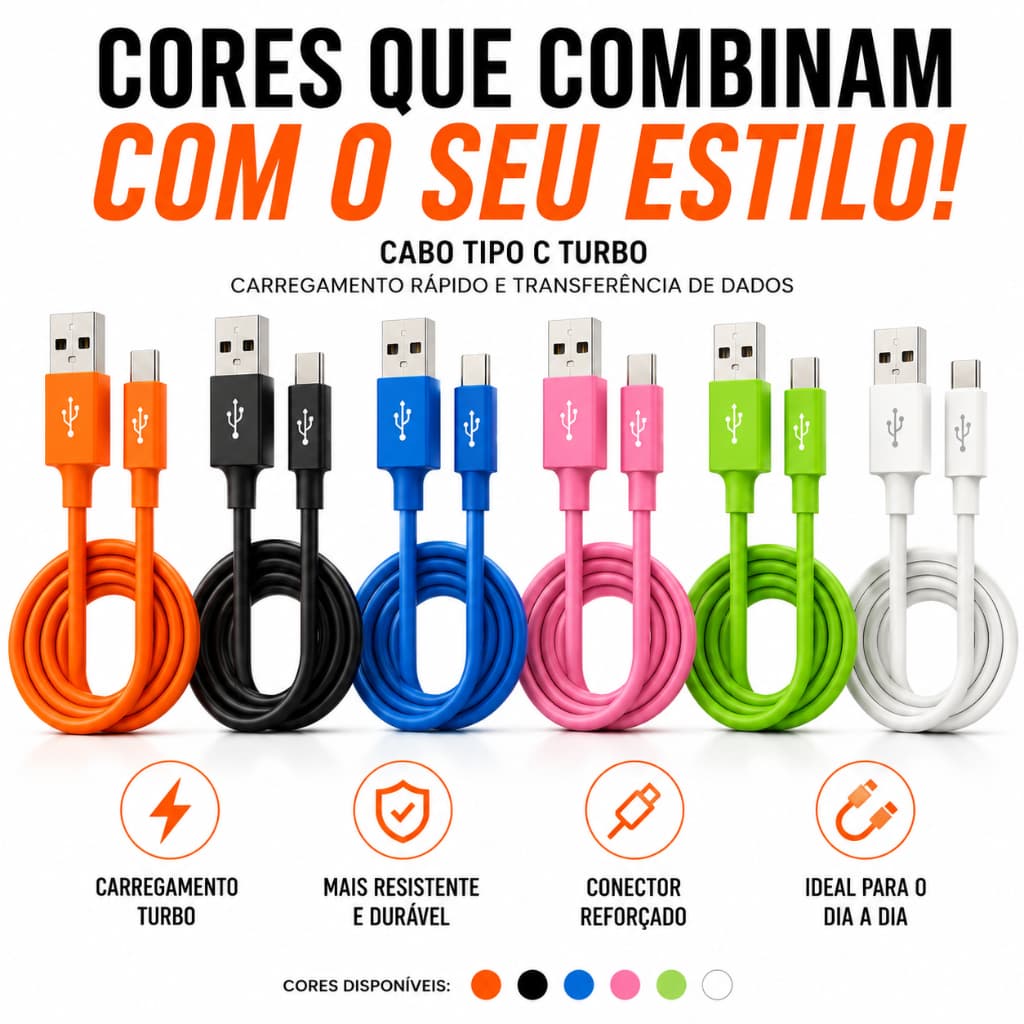 Cabo USB-C Tipo C Turbo 1,2m Reforçado Carregamento Rápido Android