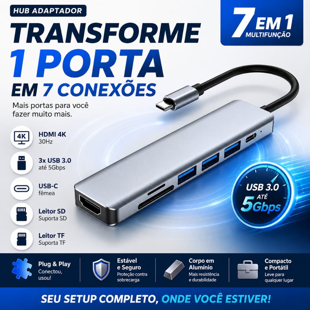 Hub USB-C 7 em 1 HDMI USB 3.0 Leitor SD TF Adaptador Tipo-C