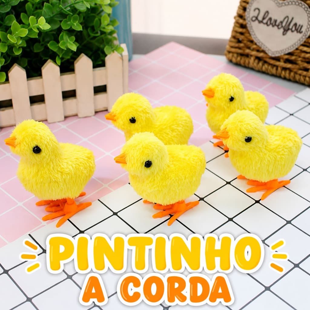 Pintinho amarelo, verde, rosa e azul, brinquedo infantil, pelúcia a corda que pula.