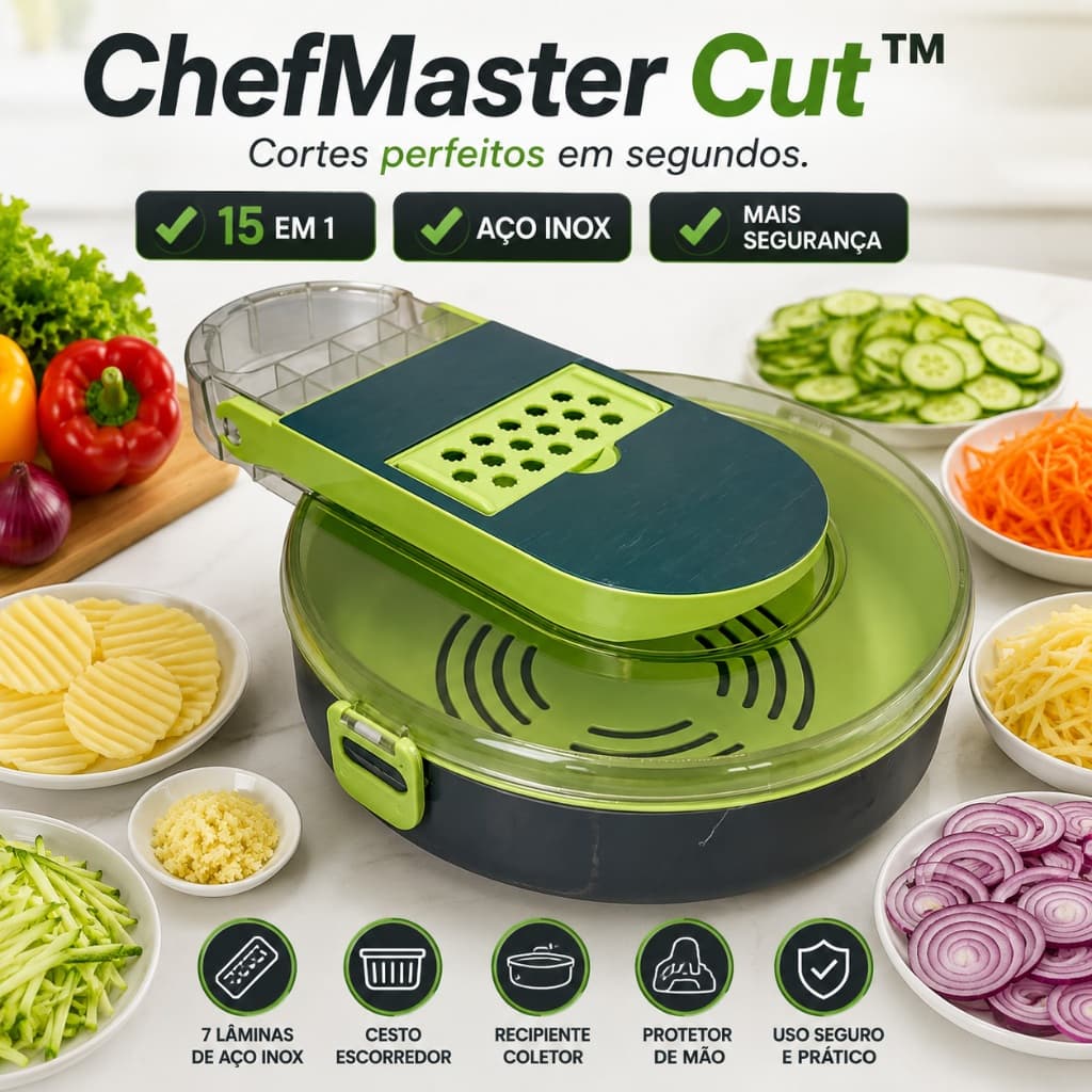 Cortador de Legumes Multifuncional com 7 Lâminas Inox Ralador Fatiador e Escorredor 15 em 1 ChefMaster Cut™