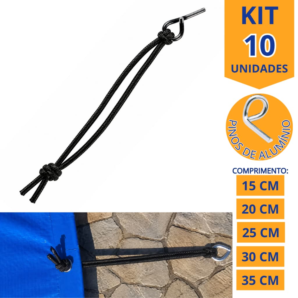 Kit 10 Elástico Esticador de Capa Lona de Piscina 6mm Preto Reforçado + Pinos Alumínio