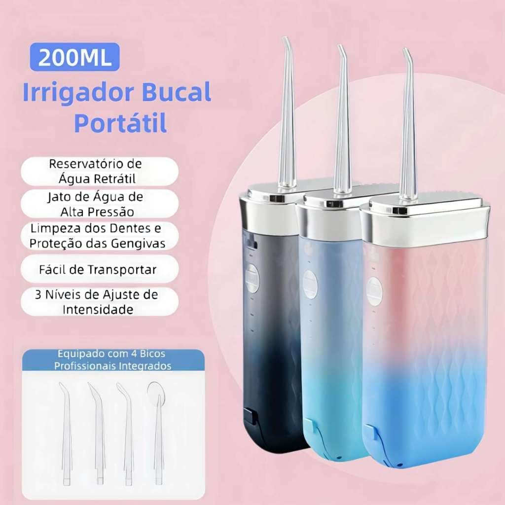 Irrigador Bucal Elétrico Portátil 200ml – Recarregável Tipo-C, 3 Modos, 4 Bicos e Limpeza Profunda