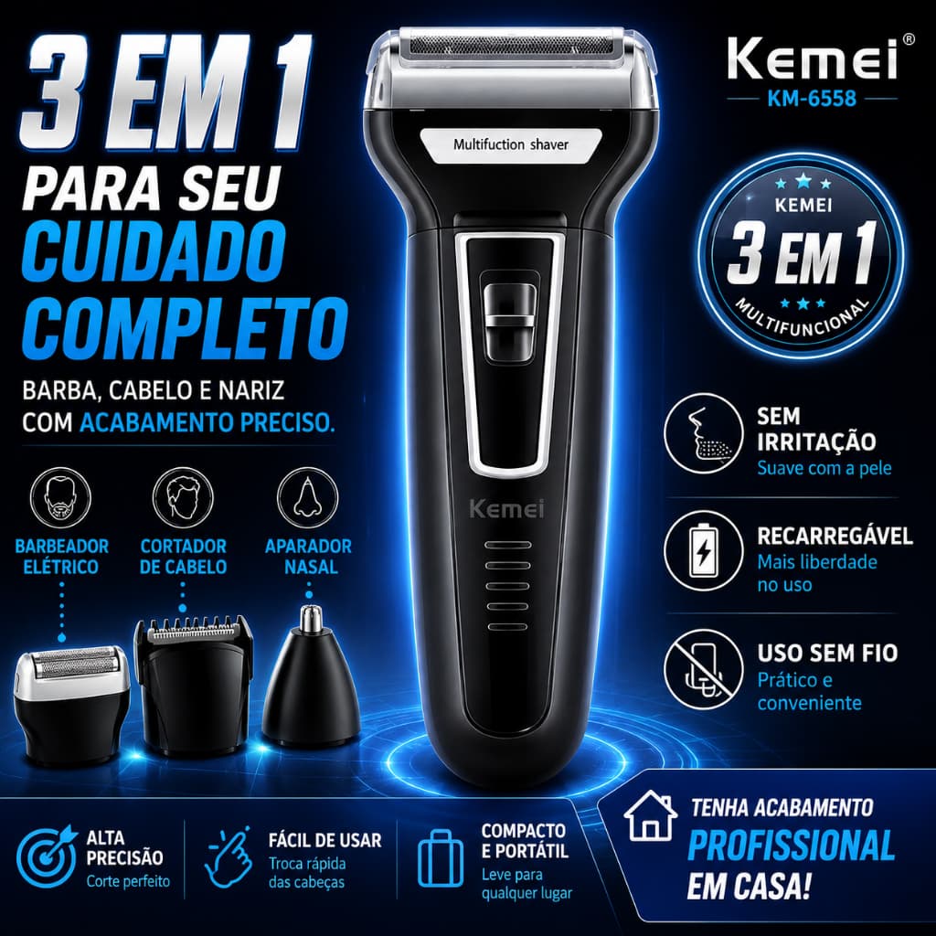 Aparador de Barba Kemei 3 em 1 Recarregável Bivolt